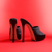 Black Rhinestone-Embellished Platform Stiletto Mules