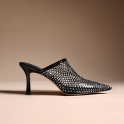 Black Rhinestone Mesh Pointed Toe Mule Heel Slides