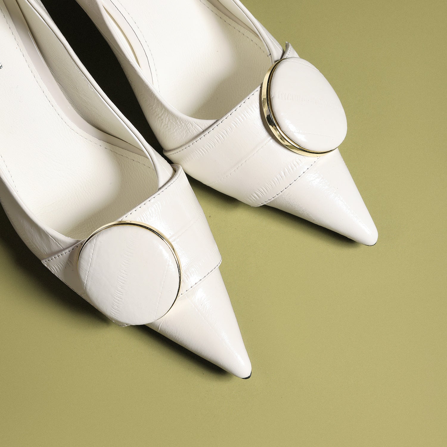 Off-White Pointed-Toe Stiletto Pumps with Buckle Detail