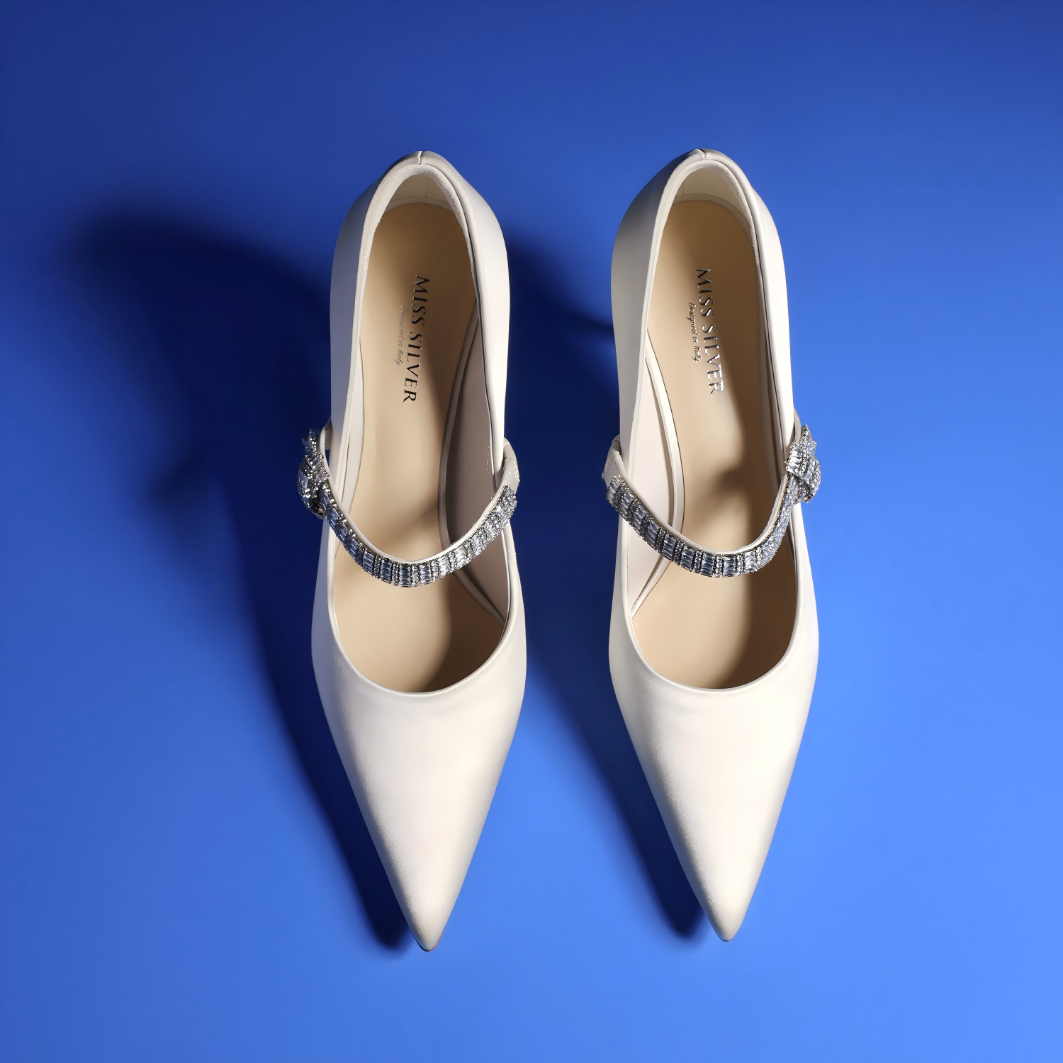 Elegant Ivory Satin Mary Jane Heels with Crystal-Embellished Strap