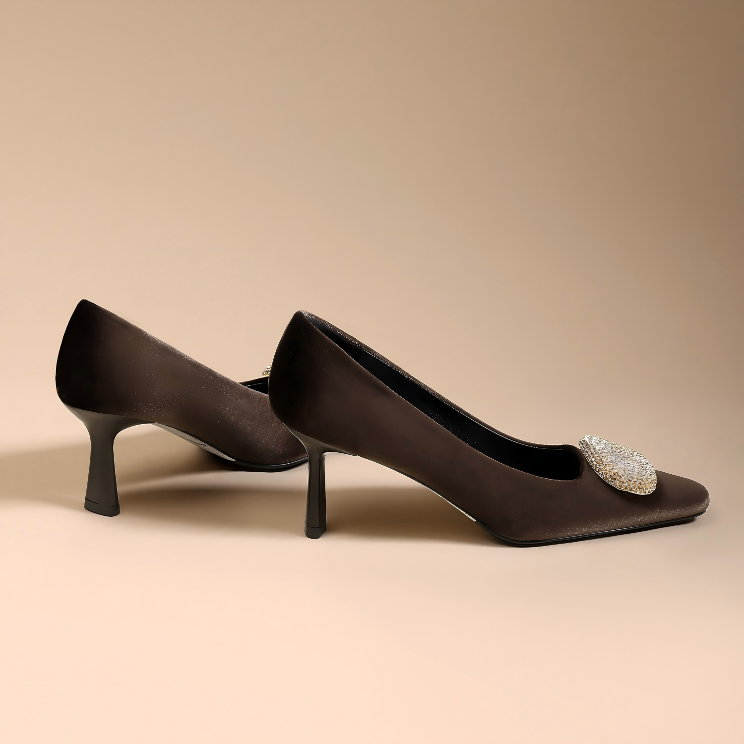 Chocolate Velvet Crystal Buckle Square Toe Kitten Heels