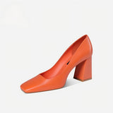 Orange Calfskin Square-Toe Block Heel Pumps
