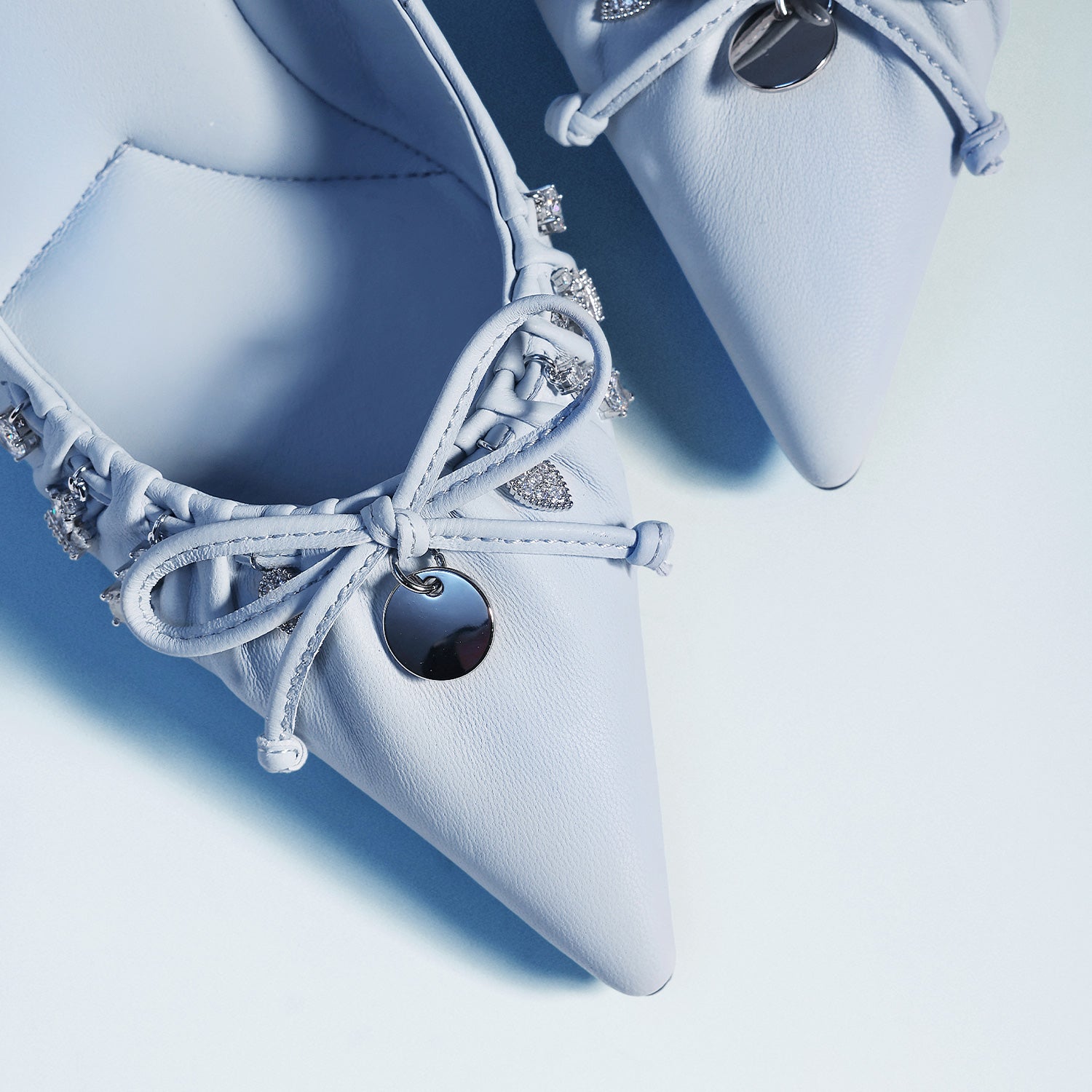 Sky Blue Crystal Bow Pointed-Toe Stiletto Heels