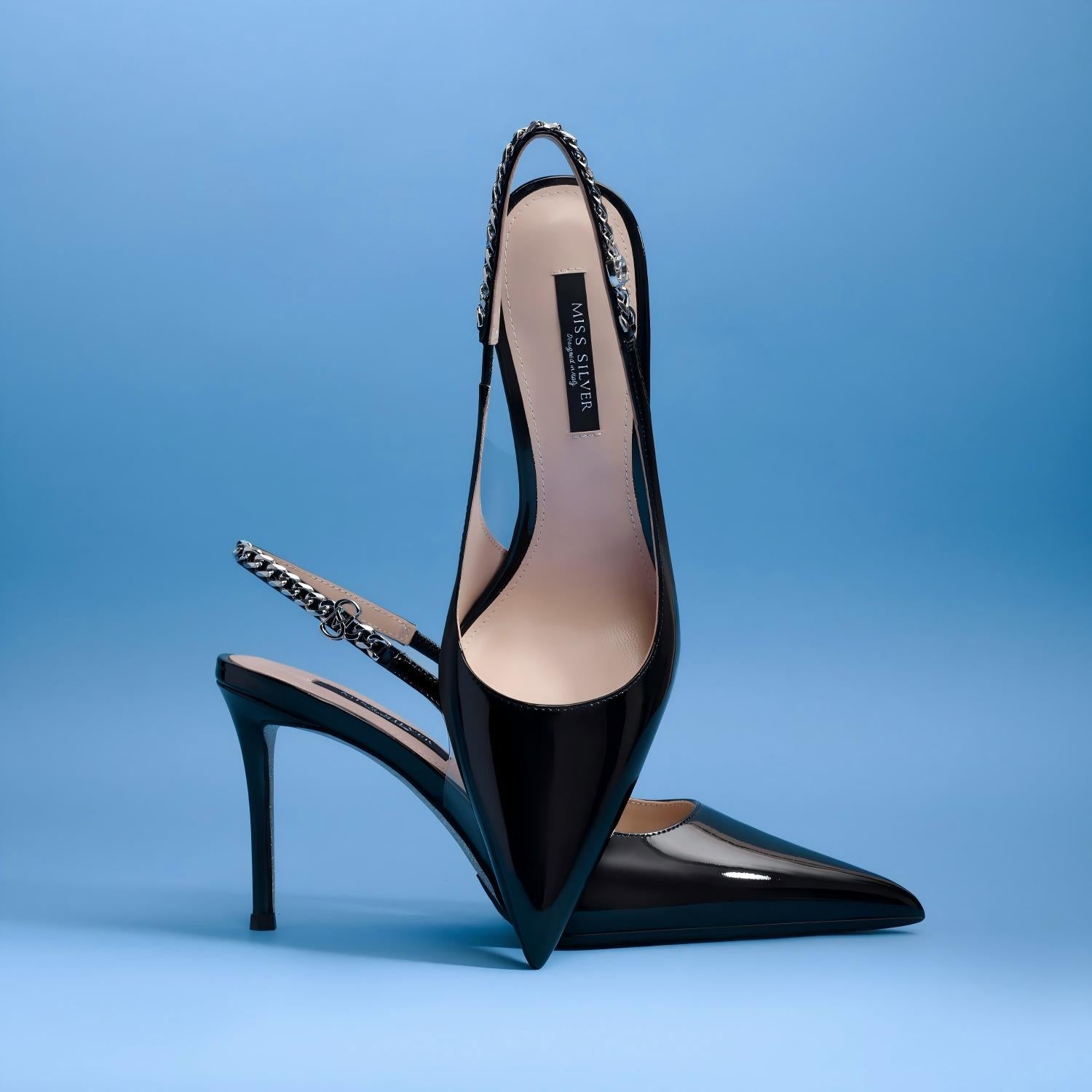 Black Patent Leather Pointed Toe Slingback Pumps