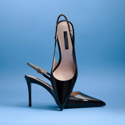 Black Patent Leather Pointed Toe Slingback Pumps