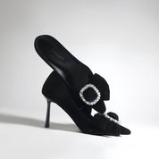 Black Velvet Bow Rhinestone Buckle Pointed Toe Pumps