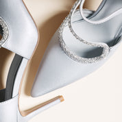 Silver Satin Rhinestone Ankle Strap Pumps