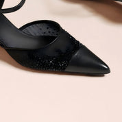 Black Sheer Mesh Rhinestone Pointed Toe Kitten Heel Ankle Strap Sandals
