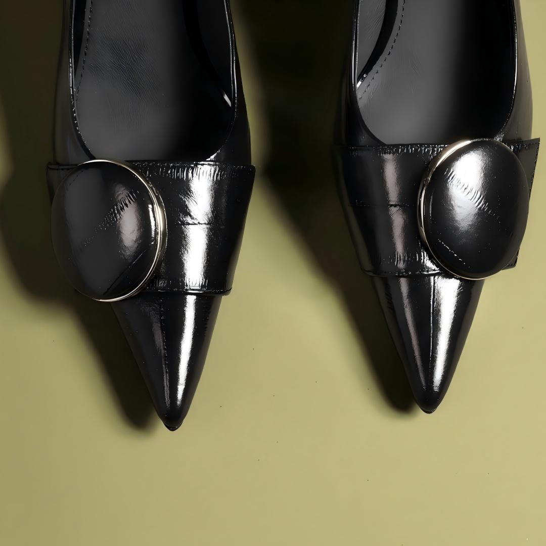 Black Pointed-Toe Stiletto Pumps with Buckle Detail