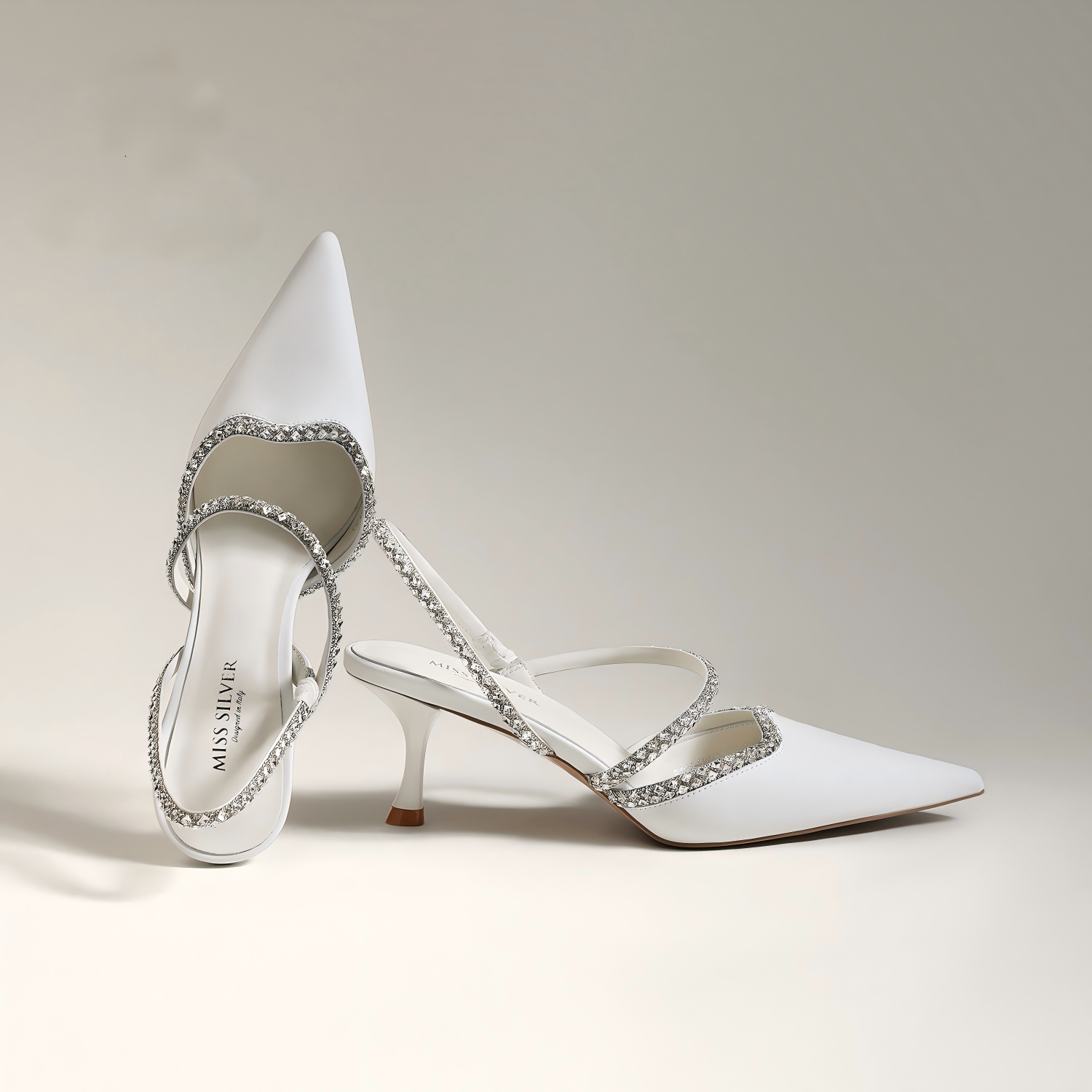 Genuine Leather Crystal Trim Slingback Pointed Toe Kitten Heel Pumps