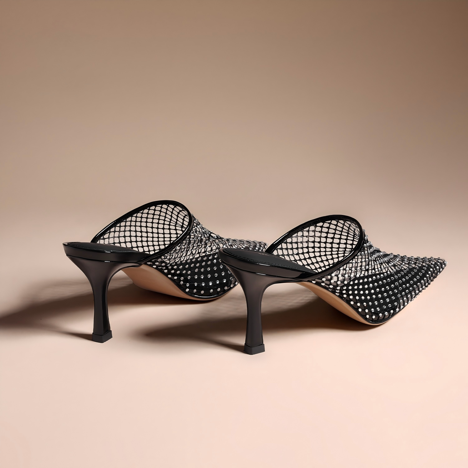 Black Rhinestone Mesh Pointed Toe Mule Heel Slides
