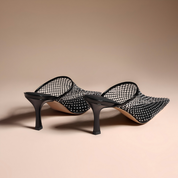 Black Rhinestone Mesh Pointed Toe Mule Heel Slides