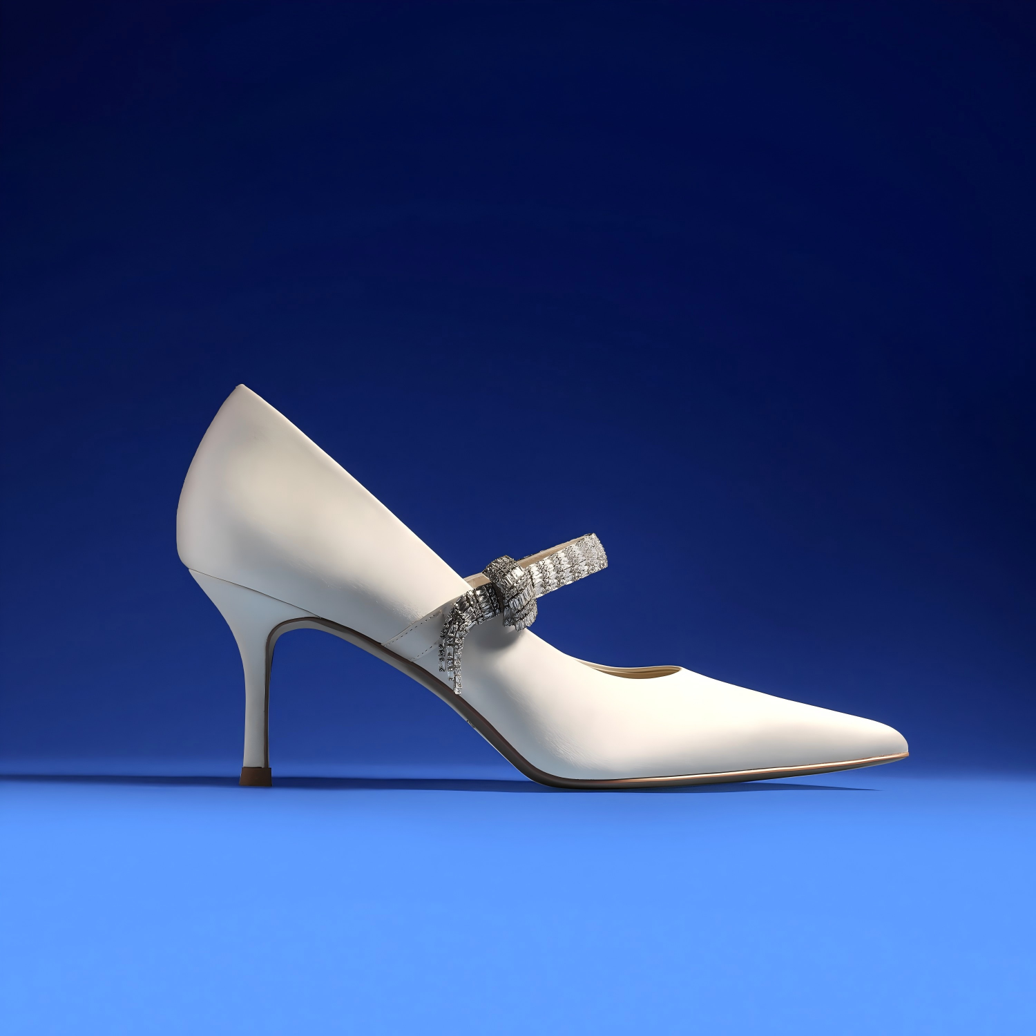 Elegant Ivory Satin Mary Jane Heels with Crystal-Embellished Strap