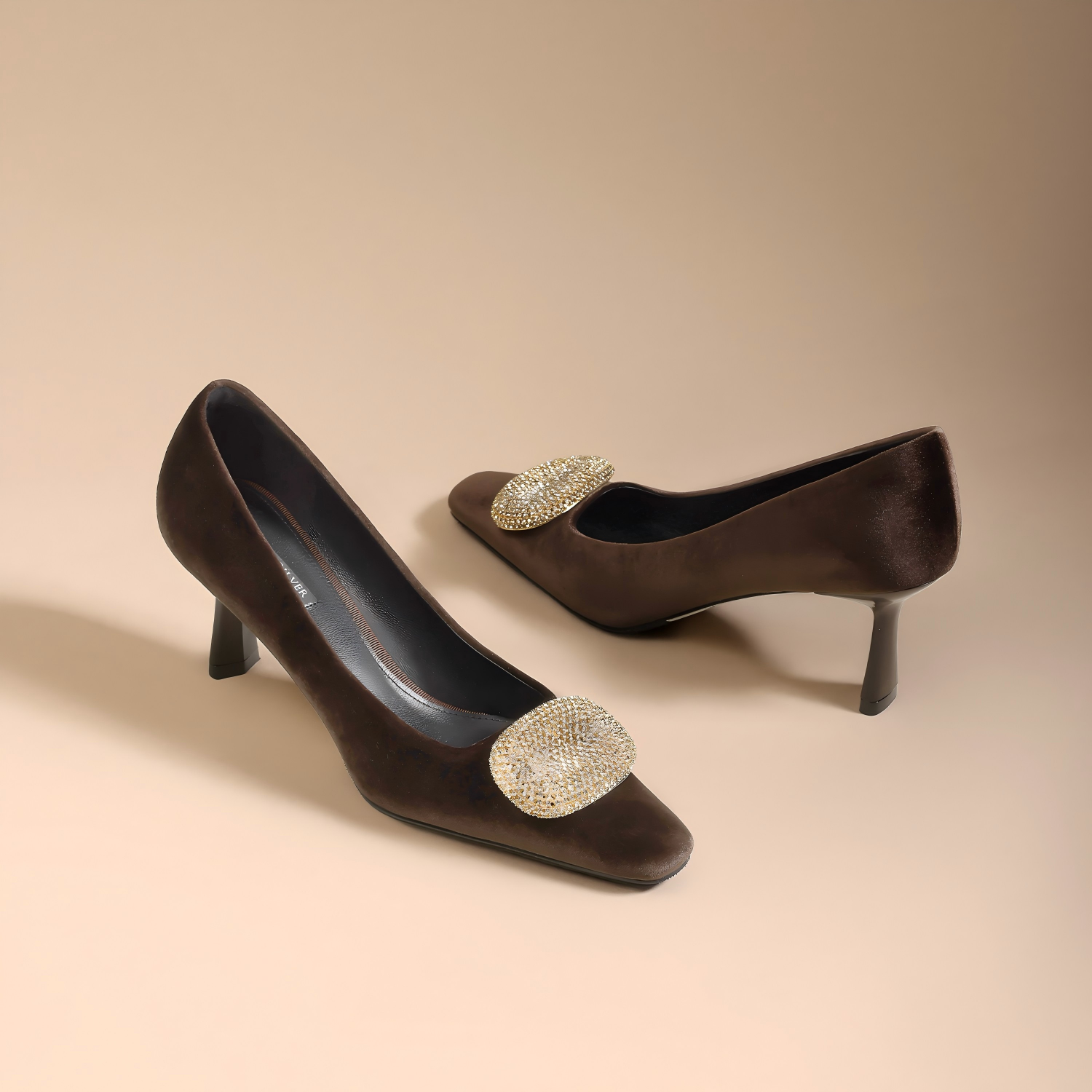 Chocolate Velvet Crystal Buckle Square Toe Kitten Heels