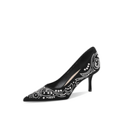 Black Suede Pointed-Toe Stiletto Pumps with Pearl