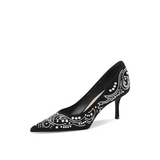 Black Suede Pointed-Toe Stiletto Pumps with Pearl