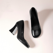Luxe Black Butter Leather Heels with Comfortable Wide Heel