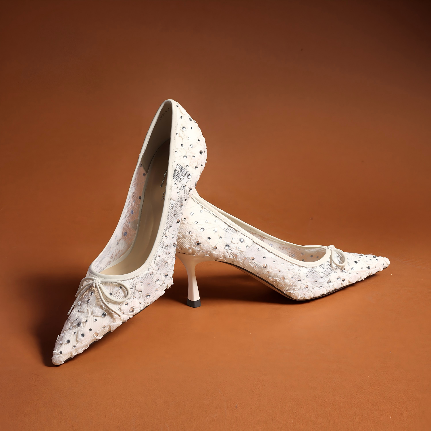 Ivory Lace Rhinestone Pointed Toe Bow Pumps