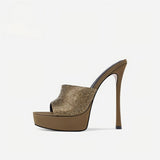 Army Green Rhinestone-Embellished Platform Stiletto Mules