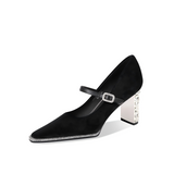 Black Velvet Mary Jane Pumps with Crystal Embellishments