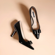 Sleek Black Stiletto Pumps in Patent Leather with Bow Detail