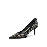 Elegant Black Suede Evening Pumps with Paisley Pearl Accents