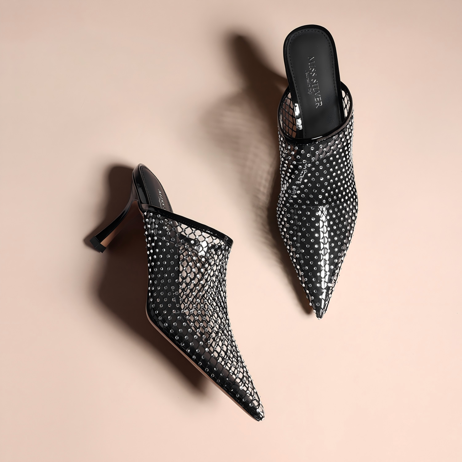 Black Rhinestone Mesh Pointed Toe Mule Heel Slides