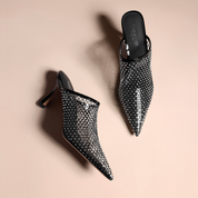 Black Rhinestone Mesh Pointed Toe Mule Heel Slides
