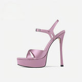 Pink Satin Platform Ankle Strap Stiletto Heel Sandals