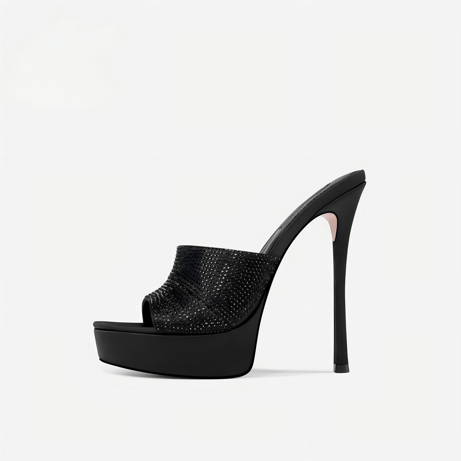 Black Rhinestone-Embellished Platform Stiletto Mules