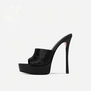 Black Rhinestone-Embellished Platform Stiletto Mules