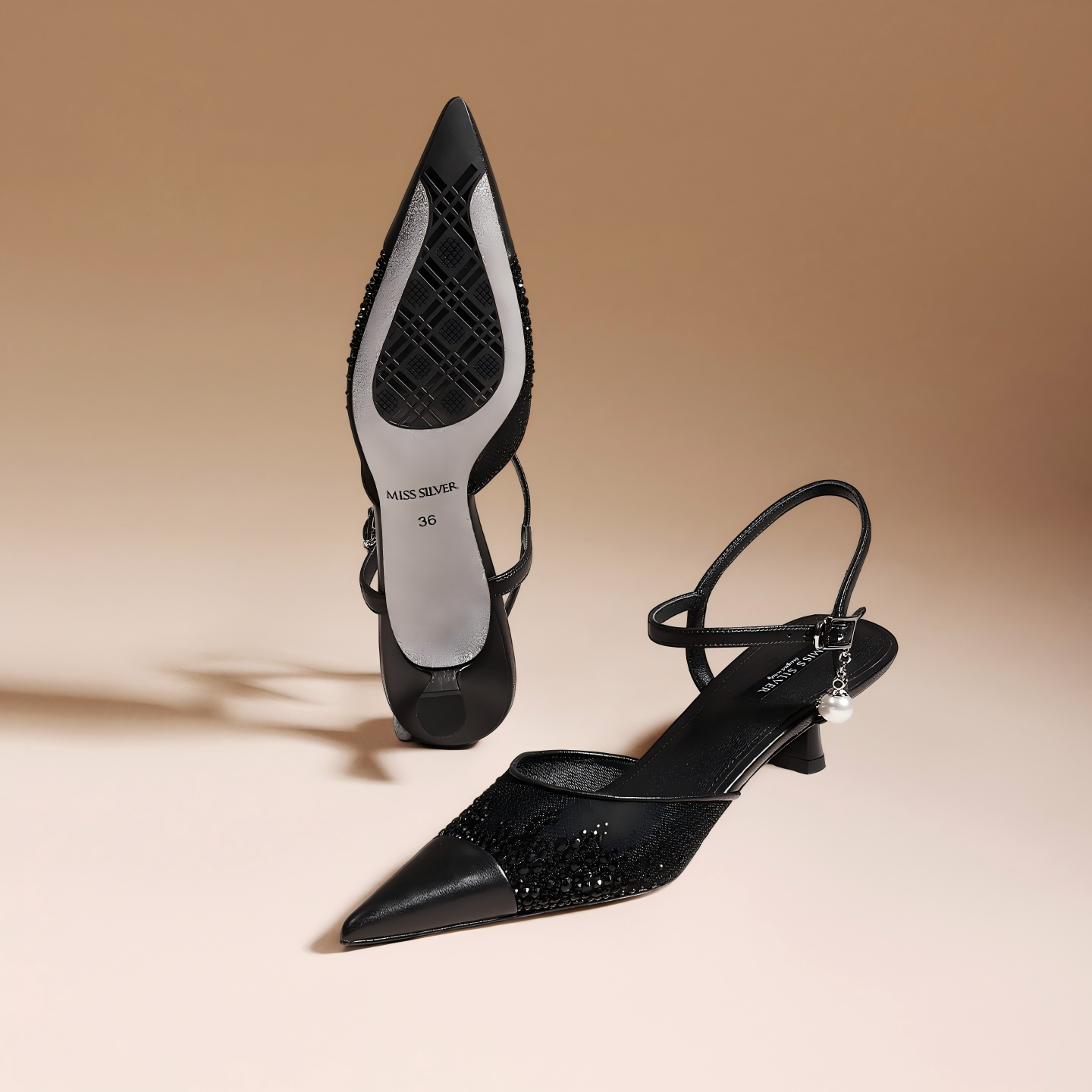 Black Sheer Mesh Rhinestone Pointed Toe Kitten Heel Ankle Strap Sandals