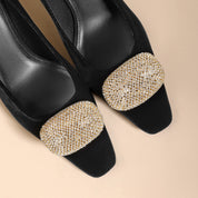 Black Velvet Crystal Buckle Square Toe Kitten Heels