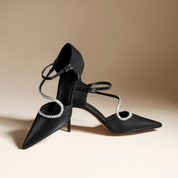 Black Satin Rhinestone Ankle Strap Pumps