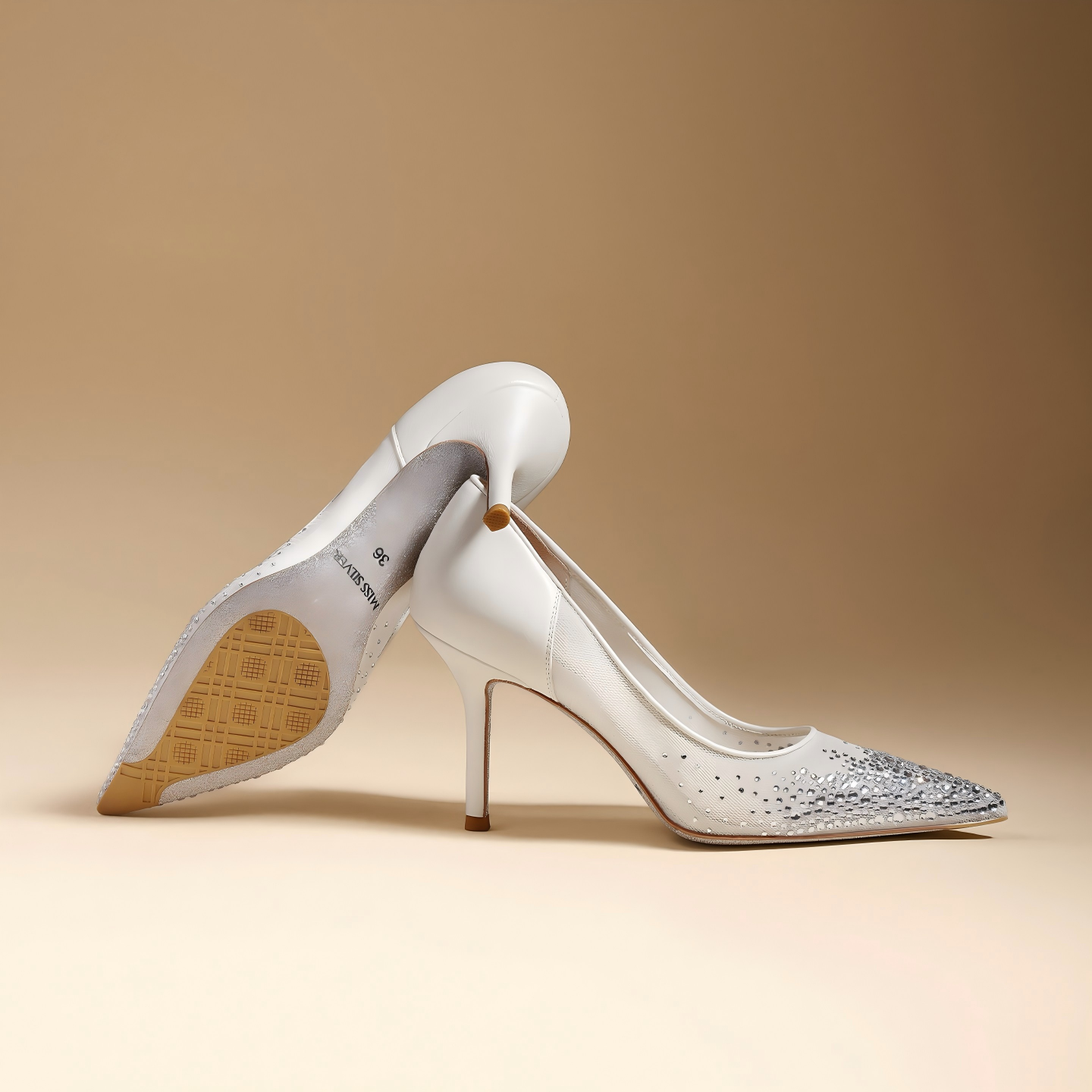 White Sheer Mesh Ombre Rhinestone Pointed Toe Stiletto Pumps