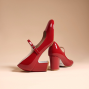 Red Patent Leather Mary Jane Block Heels