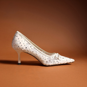 Ivory Lace Rhinestone Pointed Toe Bow Pumps