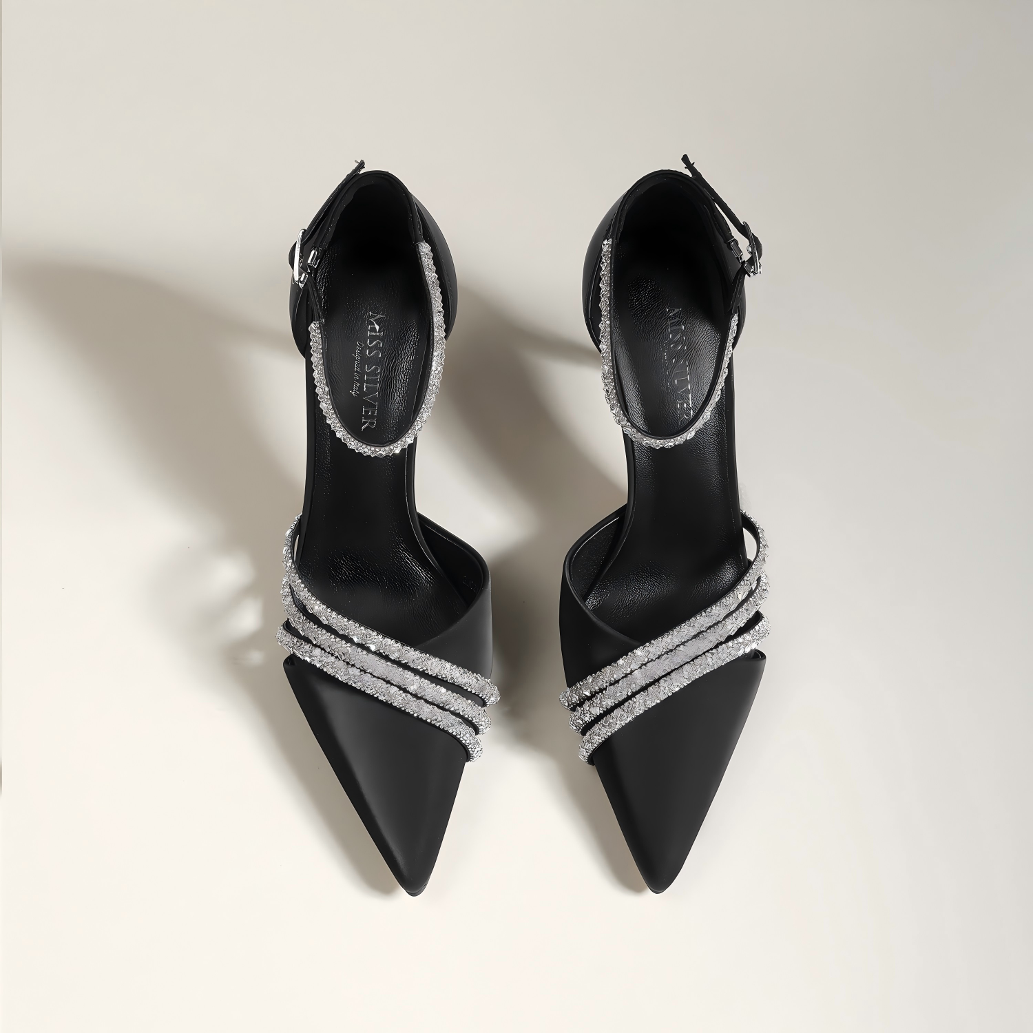 Black Satin Leather Crystal Ankle Strap Stiletto Heels