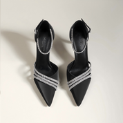 Black Satin Leather Crystal Ankle Strap Stiletto Heels