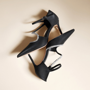Black Satin Rhinestone Ankle Strap Pumps
