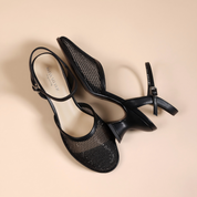 Black Mesh Round-Toe Slingback Pumps