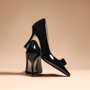 Sleek Black Stiletto Pumps in Patent Leather with Bow Detail